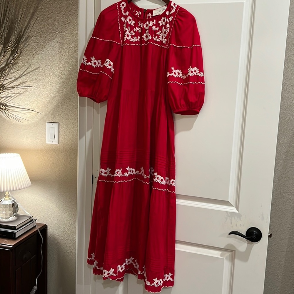 THE GREAT. Red Rose Heirloom Midi Dress - Picture 2 of 6